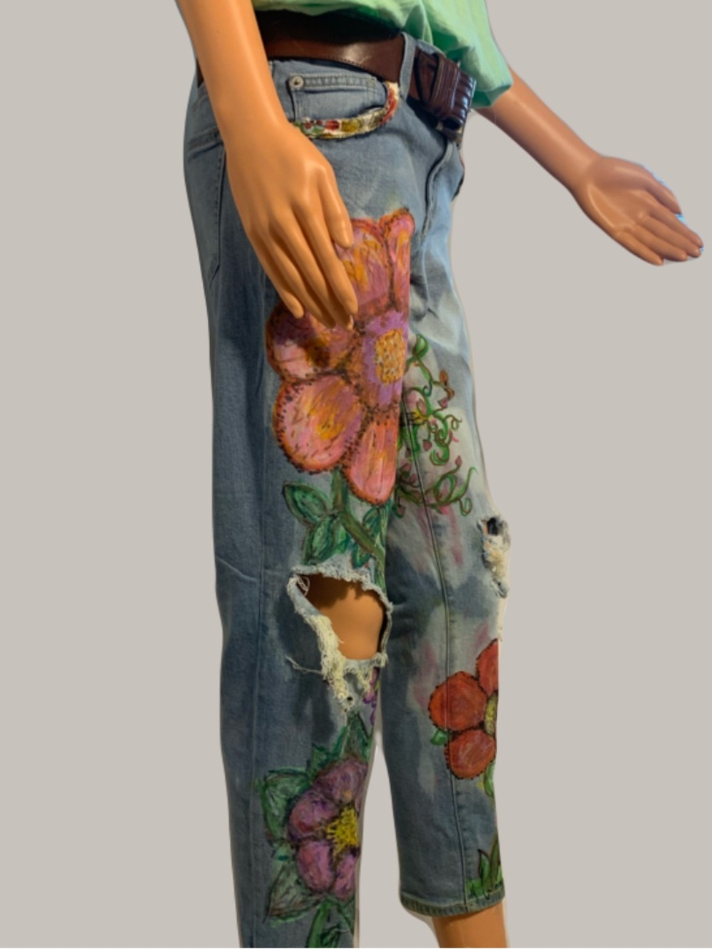 Hand-Painted Floral Light Wash Women's Jeans - Pink & Orange Accents - Picture 10 of 12